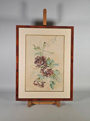 peinture représentant une fleur posée sur un chevalet en bois, sur fond blanc