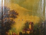 tableau représentant une femme et un enfant dans un paysage, avec une église en arrière-plan
