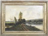 an image of a painting of a landscape with a river in the foreground