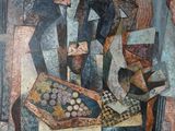 une image représentant une nature morte peinte, avec un vase et d'autres objets