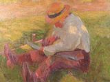 tableau représentant un homme assis dans un champ en train de lire un livre