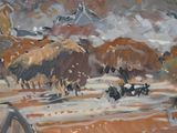 a painting of a horse and buggy on a dirt road