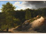 an image of a painting of a dirt road in a wooded area