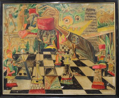 an image of a painting of a room with a checkered floor