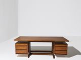 a wooden desk with two drawers and a drawer underneath it