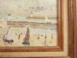 a painting of people on the beach by the water