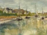 a painting of boats on the water in a harbor