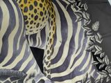 a zebra and a giraffe on a black and white background