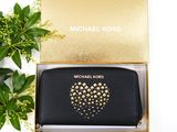 michael kors black leather wallet with gold studded heart