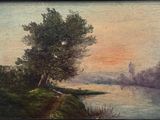 une peinture à l'huile représentant une scène de rivière avec des arbres et de l'eau