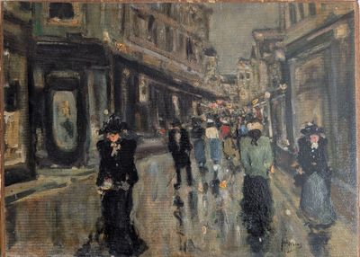 tableau représentant des personnes marchant dans une rue de la ville sous la pluie