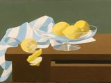 une peinture représentant des citrons dans un saladier en verre posé sur une table