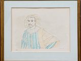 dessin représentant un homme barbu portant une chemise rayée