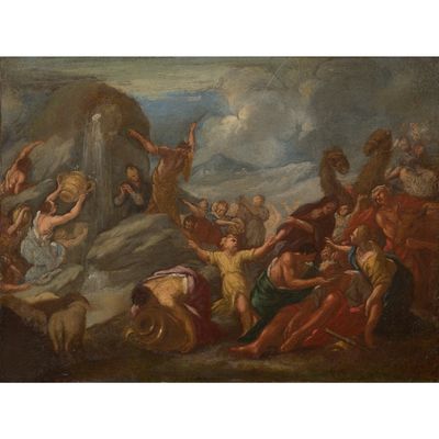 une image représentant un tableau où l'on voit un groupe de personnes dans un paysage rocheux