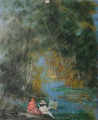 tableau représentant deux personnes assises sur un banc au bord d'une rivière