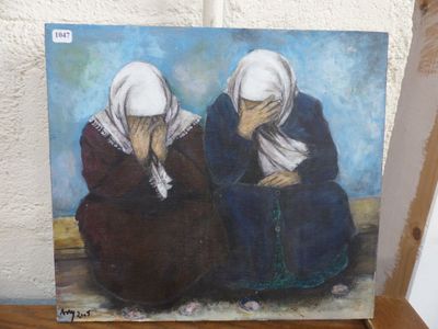 tableau représentant deux femmes voilées assises sur un rebord