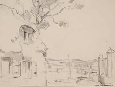dessin représentant un arbre devant un bâtiment, avec un bateau sur l'eau