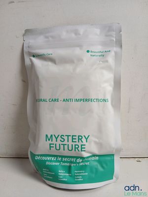 a bag of white powder sitting on a counter