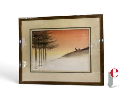 painting of a deer in a snowy landscape with trees in the foreground