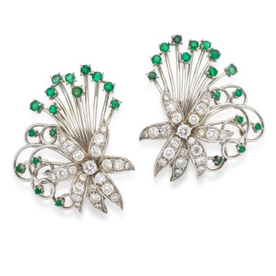 pair of emerald and diamond ear clips