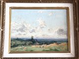 une peinture à l'huile représentant un paysage, dans un cadre doré, accrochée au mur