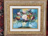 a painting of flowers in a vase on a rug
