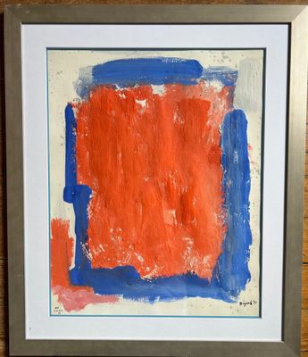 a painting of an orange and blue square on a wooden surface