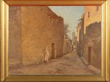 an oil painting of a person walking down a street in a village