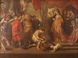 painting of a group of people and a dog in a room