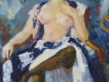 an oil painting of a woman in a white dress sitting on a chair