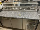 a counter with a bunch of food items on it