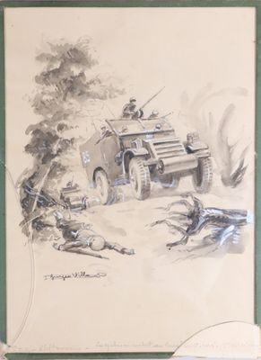 dessin représentant un véhicule militaire roulant à travers une forêt, avec un chien couché par terre