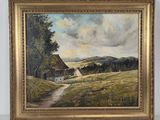 an oil painting of a farm scene with a path leading to a house