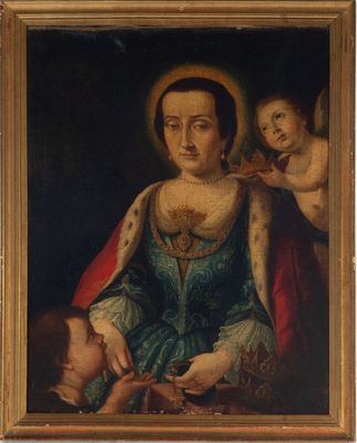 a painting of a woman holding a child in her lap