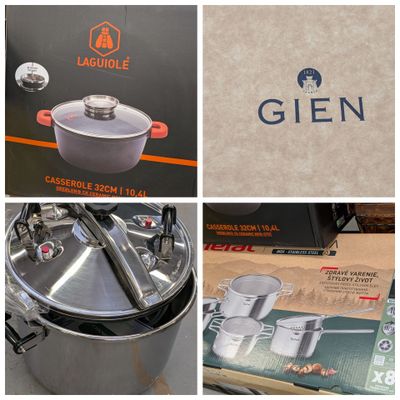 collage of pictures of various items including a pot, a kettle, and a box