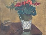 peinture d'un vase de fleurs sur une table dans une pièce