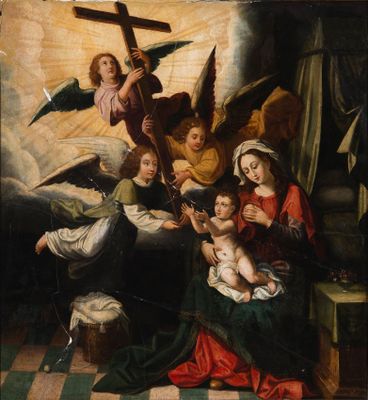 une image représentant un tableau où l'on voit un groupe de personnes avec une croix