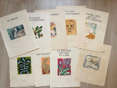 Lot de 9 bois gravés sur papier Japon nacré de 1961 avec des…