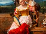 painting of a woman and a child sitting on a chair in a field