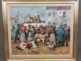 une peinture à l'huile représentant un groupe de personnes avec des vaches devant un bâtiment