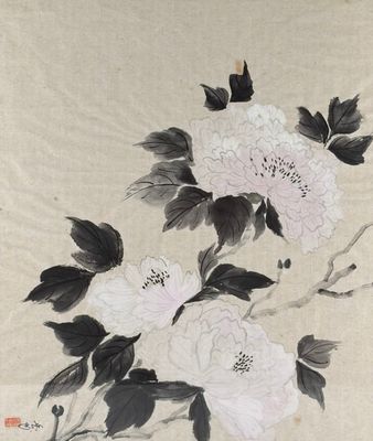 une peinture orientale représentant des fleurs et des feuilles sur un fond beige