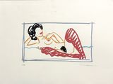 drawing of a woman laying on a bed with her legs crossed