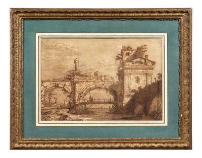 un vieux dessin représentant un pont enjambant une rivière, avec un château en arrière-plan