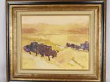 an image of a painting of a herd of bison in a field