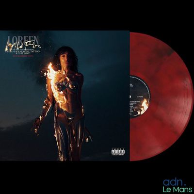 a red vinyl album with a picture of a man holding a fire