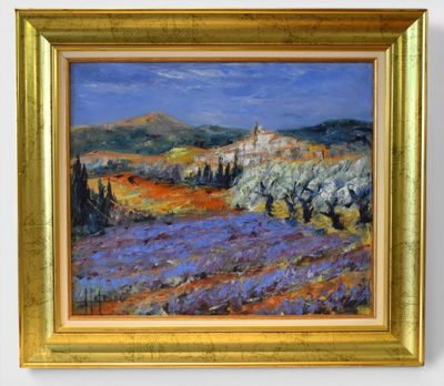 an oil painting of a lavender field with a church in the distance