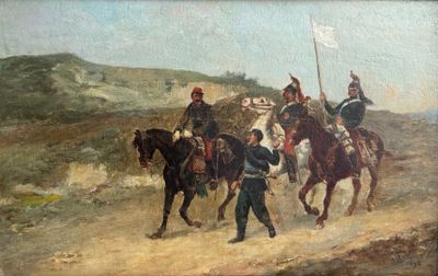 un tableau représentant un groupe d'hommes à cheval dans le désert