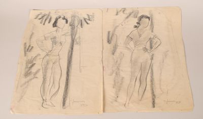 two drawings of a man and a woman standing next to each other