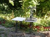 a chair and a table in the middle of a garden