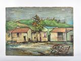 a painting of a painting of a village on the water